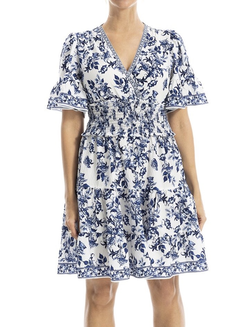 Max Studio V-Neck Short Sleeve Blue Toile Floral Tiered Smocked Dress
